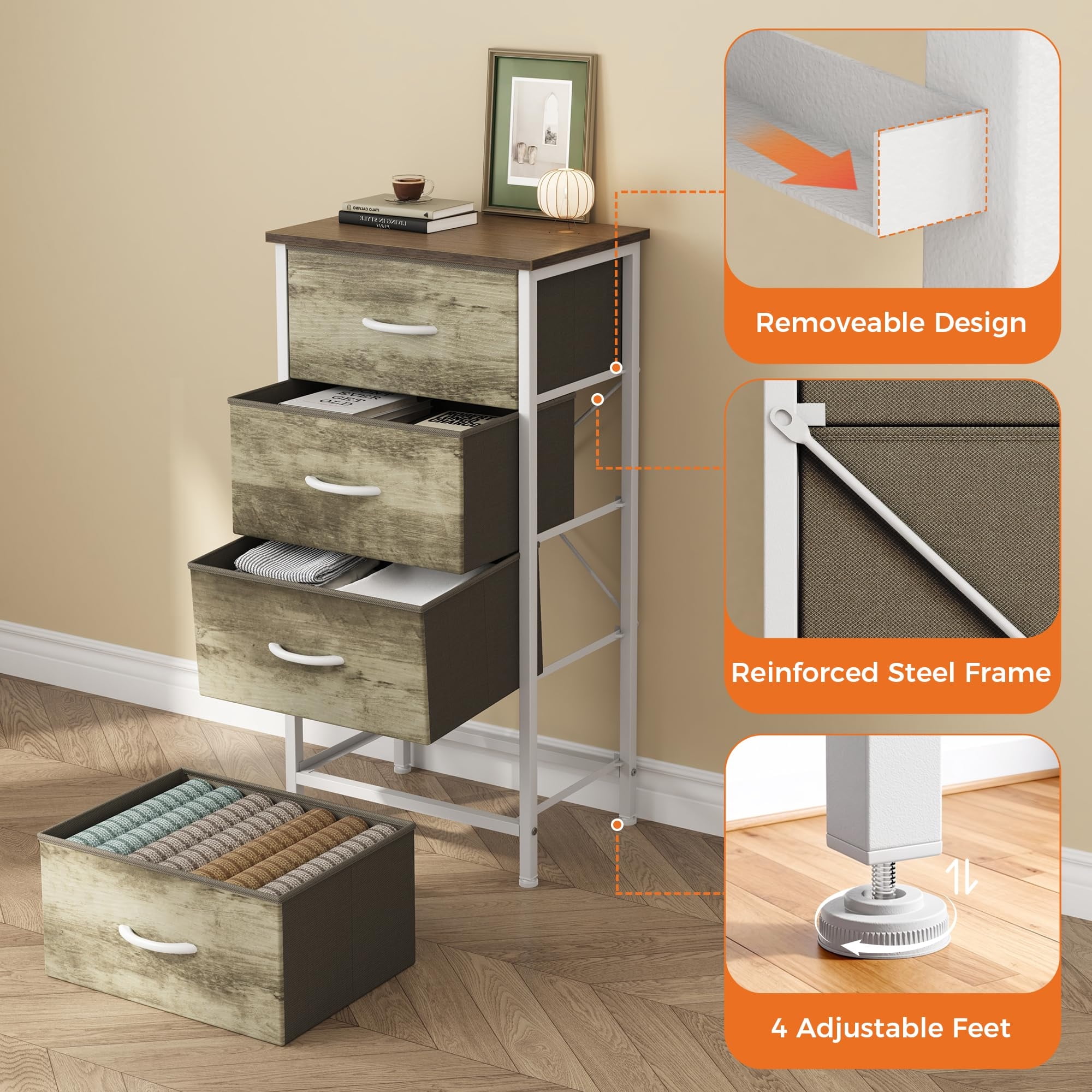 Telyra 4-Drawer Fabric Dresser 37.4" Tall Storage Tower with Wood Top and Steel Frame Narrow Organizer, Oak Greige