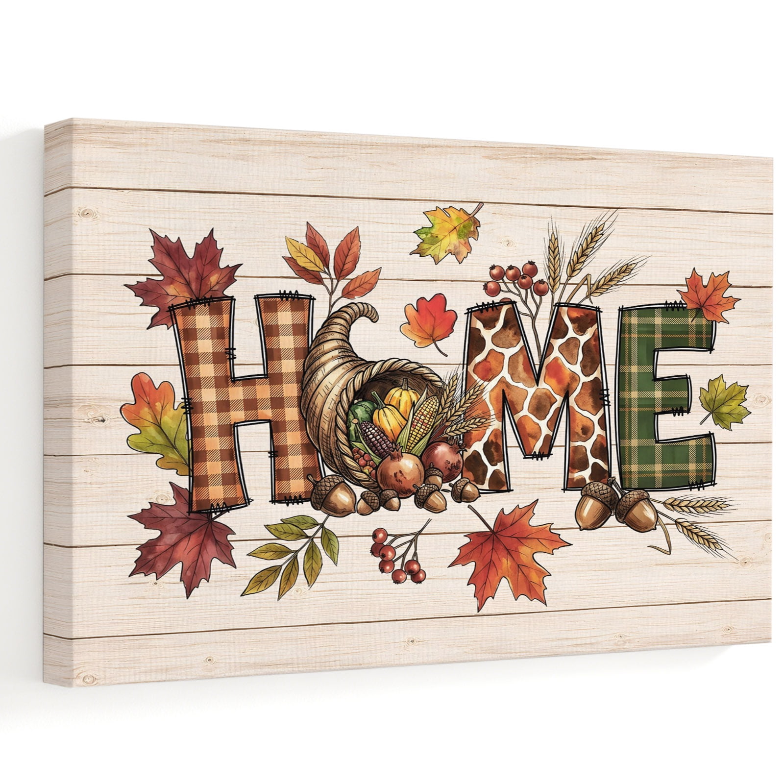Thanksgiving Canvas Wall Art Fall HOME Letter Cornucopia Leaf Acorn Wood Grain Wall Art Prints Artwork Framed Canvas Ready to Hang Art Pictures for Bathroom Dressing Table Entryway 12 x 8