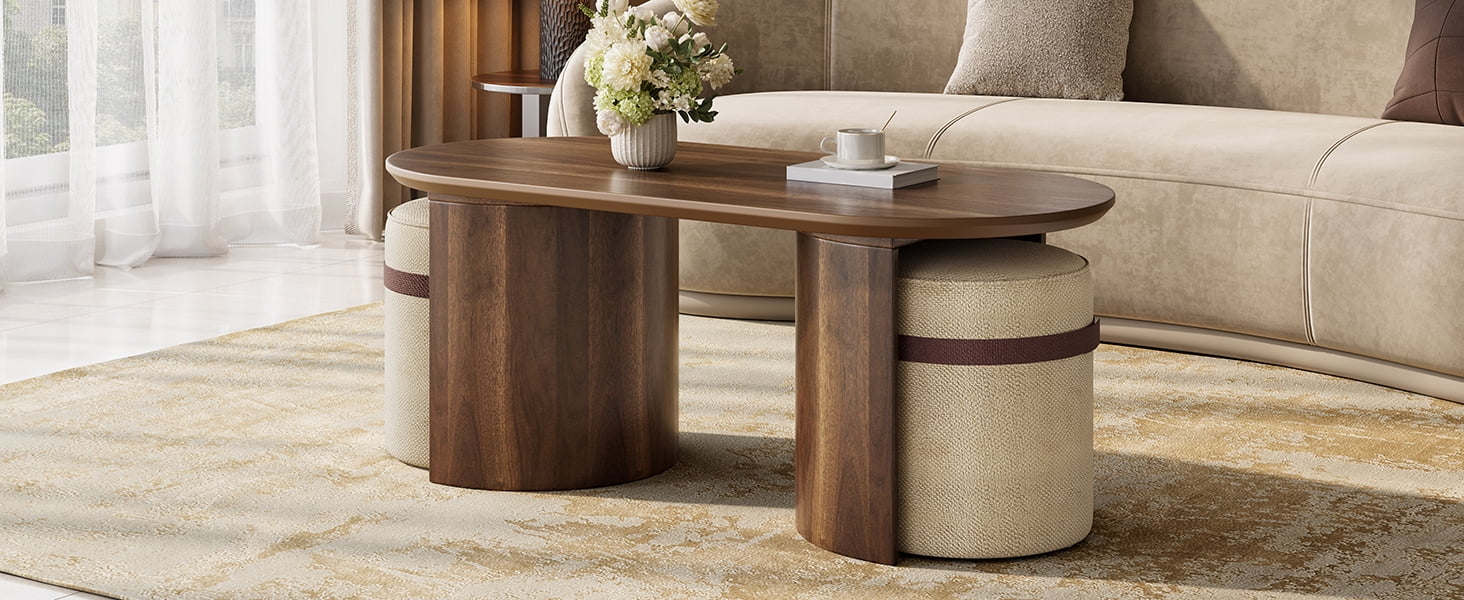 Mintazer Oval Coffee Table Set with 2 Nesting Fabric Stools, Coffee Table with Curved Legs for Small Apartment Living Room, Walnut