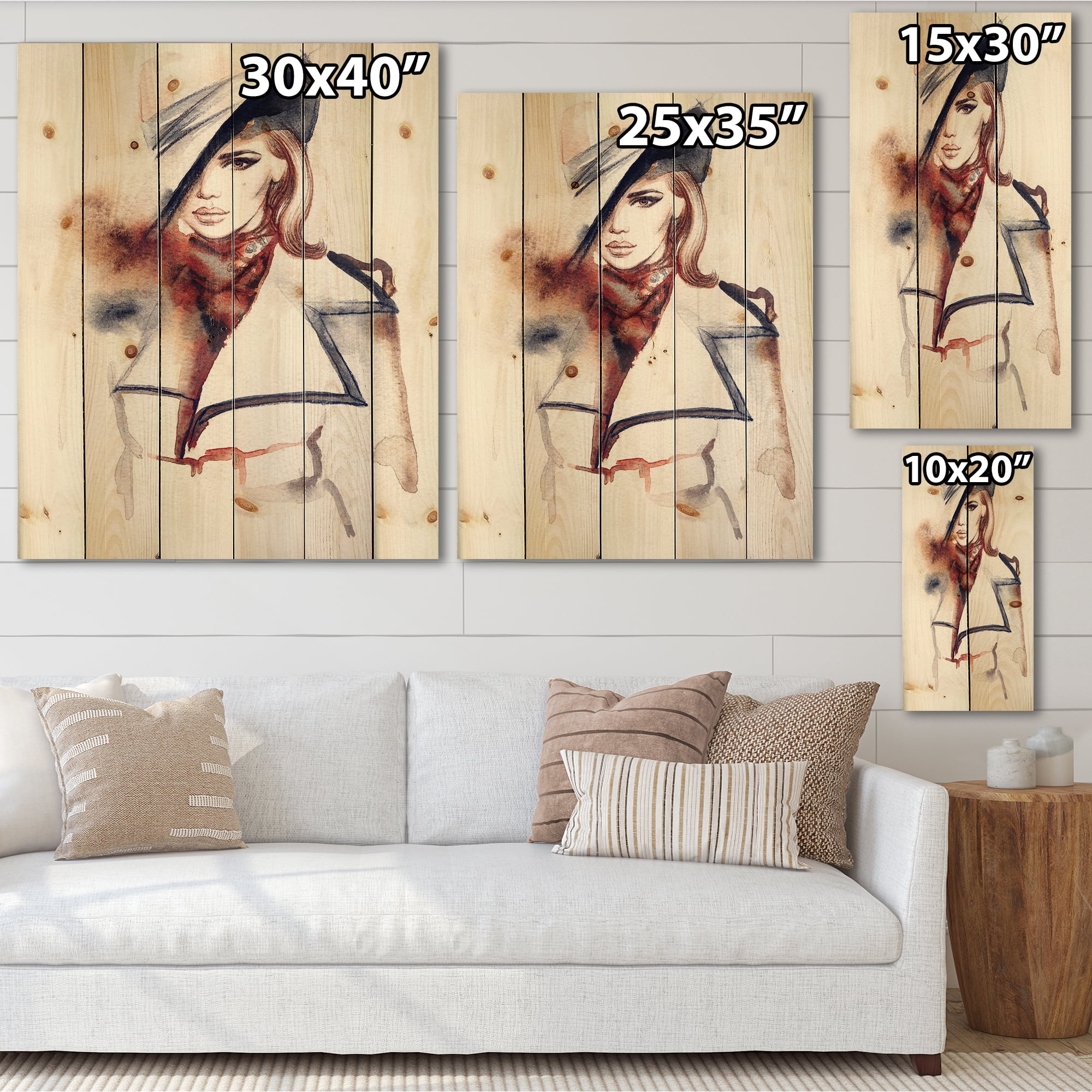 Designart 'Fashion Portrait of Woman Wearing Hat' Modern Print on Natural Pine Wood