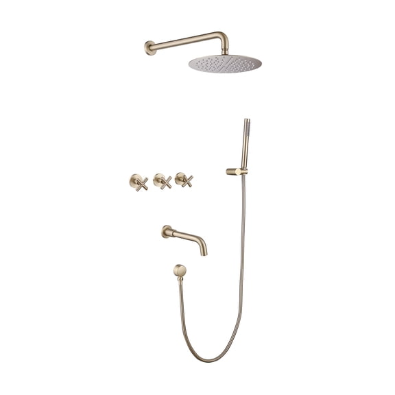 Wall Mount Shower Faucet Set with 360 Degree Rotatable Tub Spout and 3-Cross Handles with Rough-in Valve