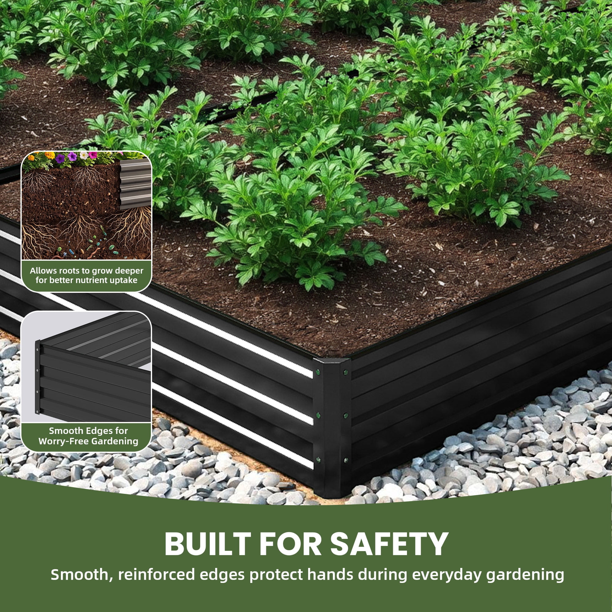 Uforic 2PCS 8X4X1FT Galvanized Metal Raised Garden Bed Kit with Safety Rubber & Gardening Gloves, Outdoor Large Planter Box for Vegetables Flowers Herbs Fruits, Black