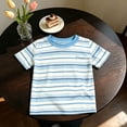 thumbnail image 4 of Kids Striped Short Sleeve T-Shirt Embroidered Letter Crew Neck Tee Classic Horizontal Stripe Summer Casual Basic Top for Boys Girls(Blue,9-10 Years), 4 of 4