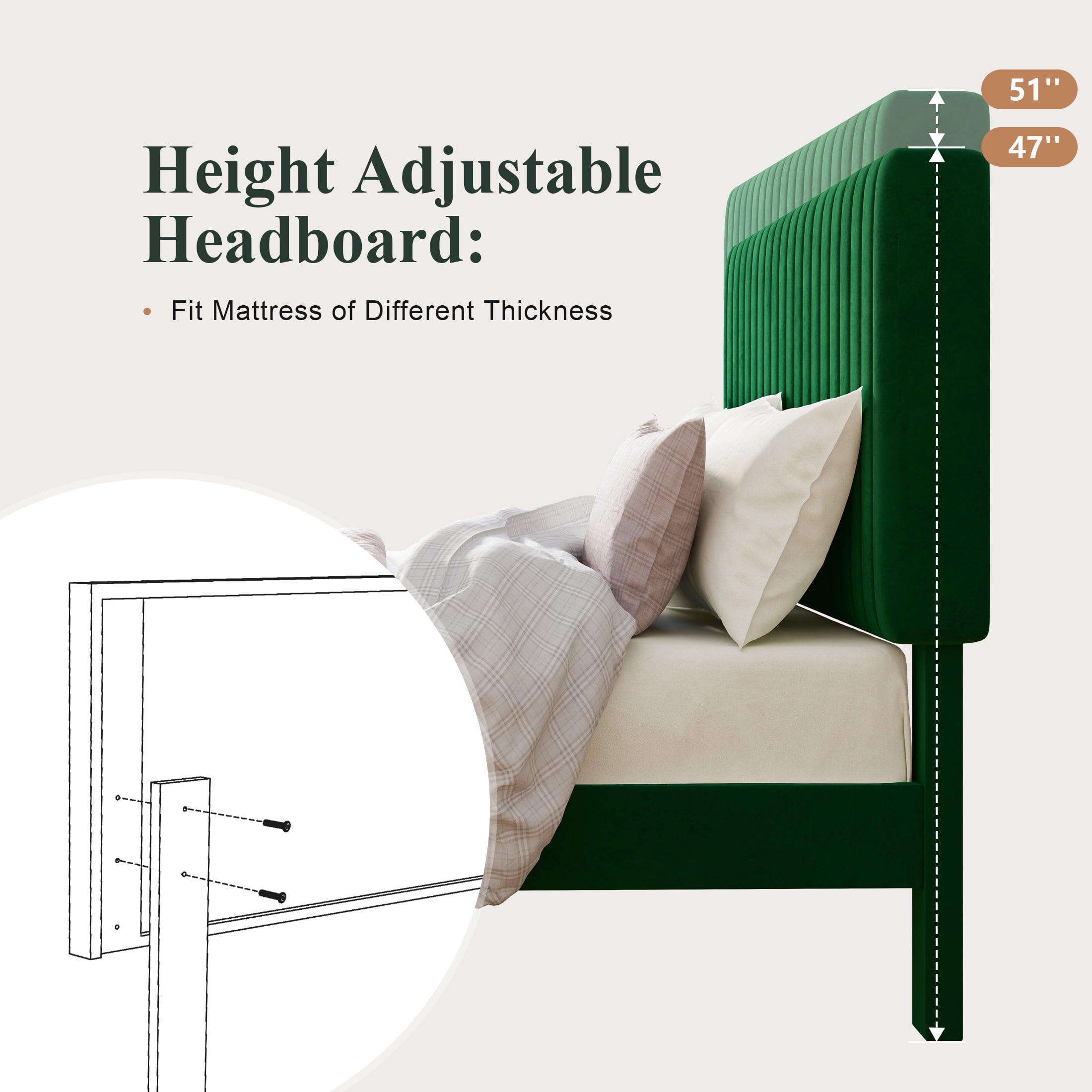 Amolife King Size Upholstered Platform Bed Frame with Adjustable Velvet Headboard, Green