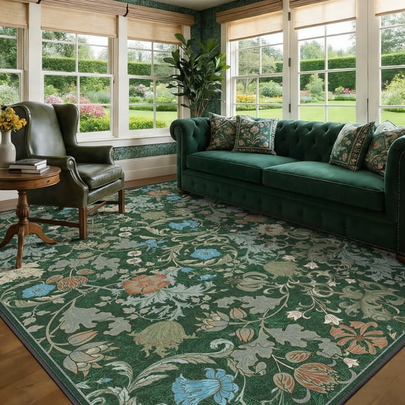 ATHOPE Floral 5x7 Area Rug, Machine Washable Rugs Soft Non Slip Low Pile Rugs for Living Room Bedroom Nursery Kitchen Dining Room Indoor, Large Floral Print Pattern Carpet, Forest Green