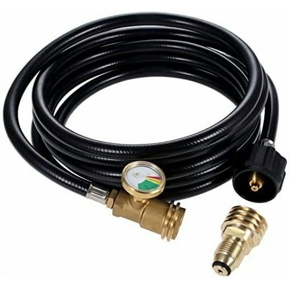 12 Feet Propane Tank Hose Extension with Gauge, Tank Adapter Converts POL 100 lb LP Tank to Male QCC1 / Type1, Fit for Gas Grill, Stove, RV, Heater, Fire Pit and Most Propane Appliances