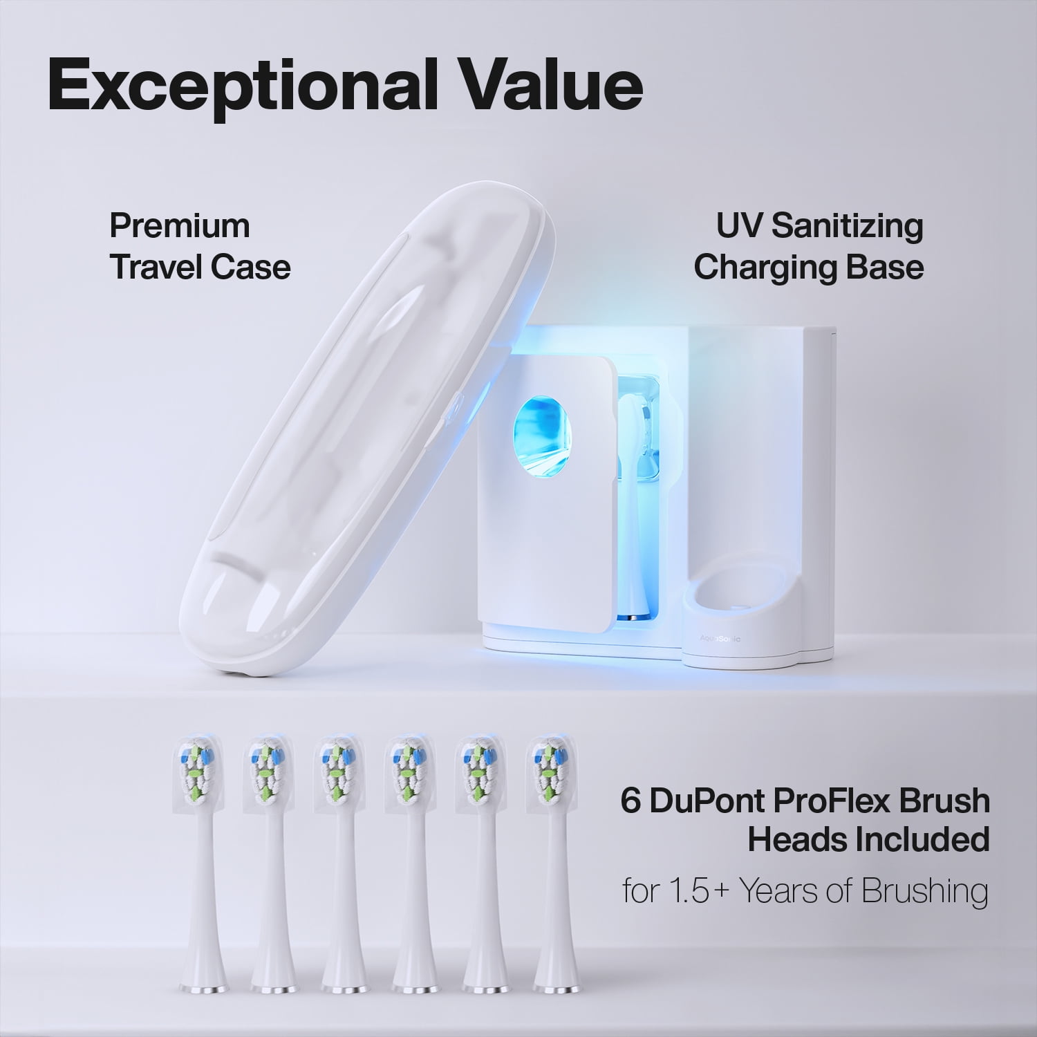 AquaSonic Vibe Series Pro Electric Toothbrush - UV Light, Wireless Charging, 4 Modes, 8 DuPont Brush Heads, Travel Case, ADA Approved - White
