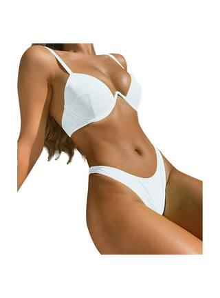 RQYYD Clearance Women's Crinkle Fabric O-Ring Bikini Swimsuit Cheeky Thong  Swimwear Two Pieces Bathing Suit(White,S)