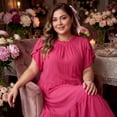 thumbnail image 2 of GRACE & GRANDEUR Women's Plus Size Mock Neck Tie Back Petal Short Sleeves Ruffled Hem A-Line Layered Swing Dresses 4X Hot Pink, 2 of 8