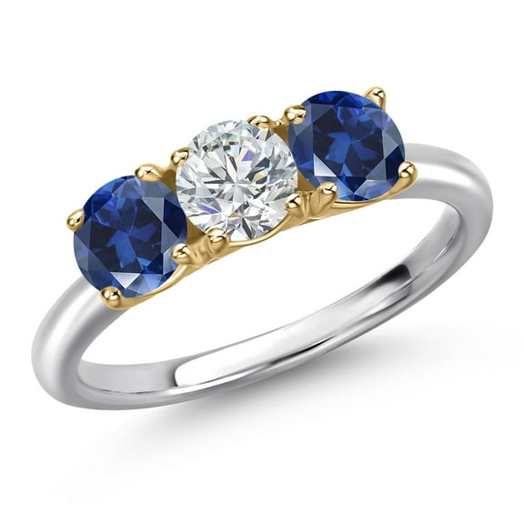 Gem Stone King 925 Silver and 10K Yellow Gold Lab Grown Diamond and Blue Created Sapphire Engagement Ring for Women | 1.70 Cttw | Round 5MM | Gemstone April Birthstone | Size 8