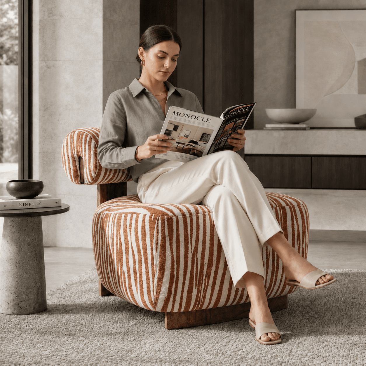 Aenkyo Zebra Stripe Chenille Accent Chair, 24 Inch Deep Seat Armless Chair, Rustic Orange