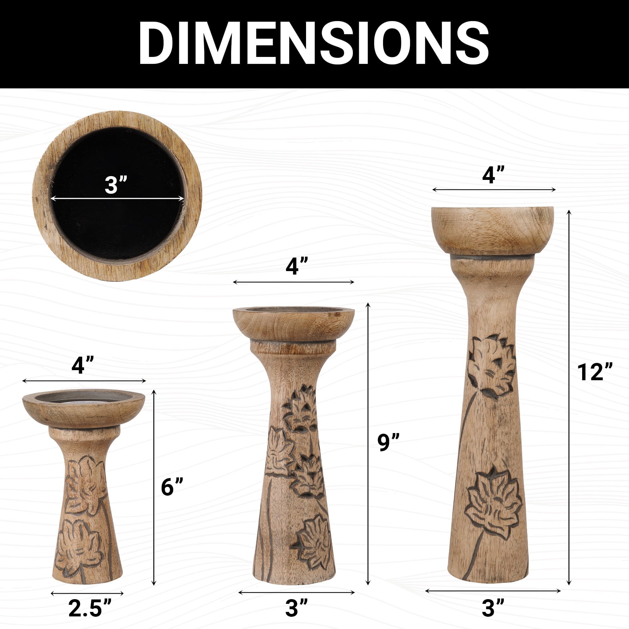 Mela Artisan Pillar Candle Holders Set of 3, Mangowood Candle Stand holders, Grey, 6" x 9" x 12"