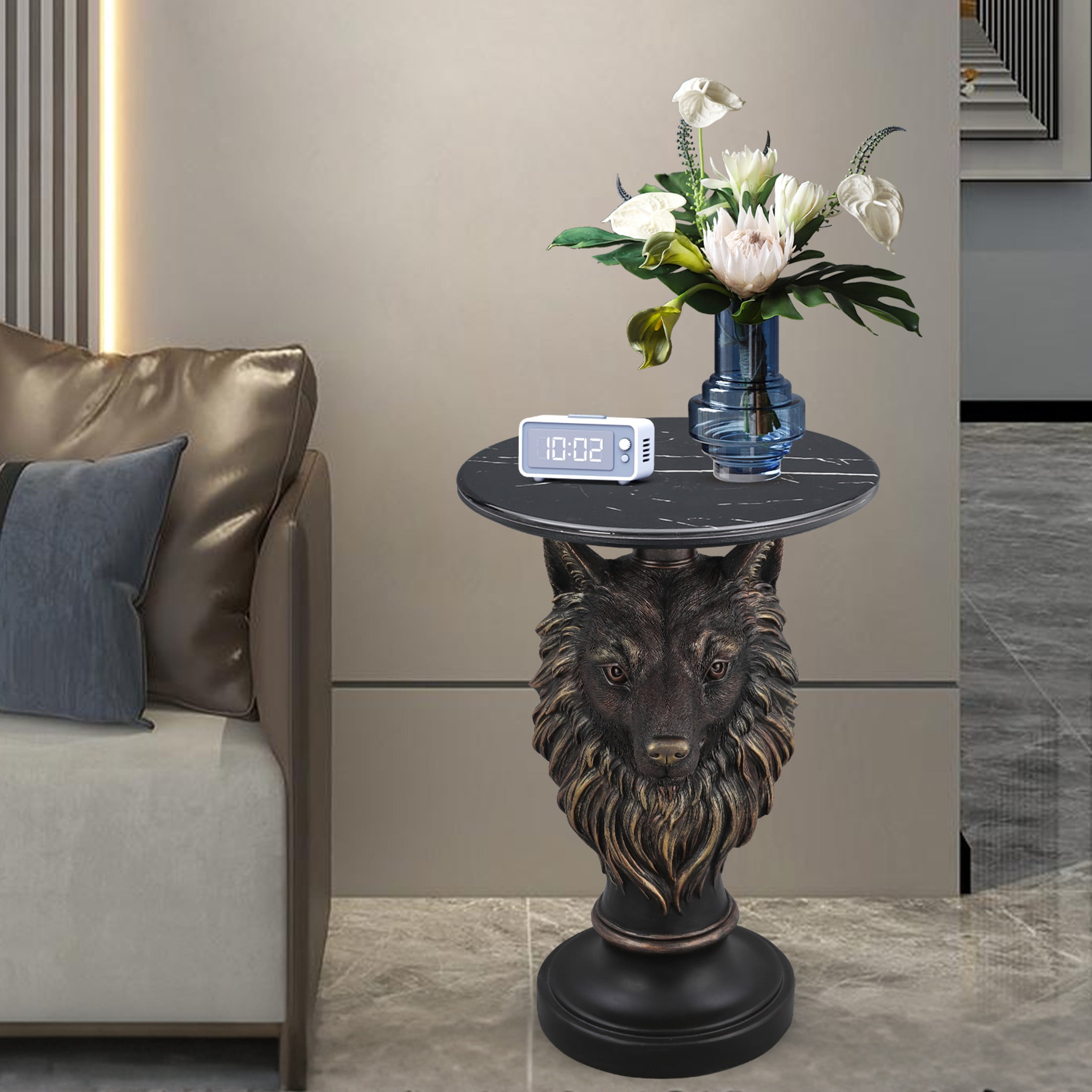 Noble House Wolf Head Accent Table, Animal Statue End Table with Faux Marble Tabletop for Living Room, Antique Brown