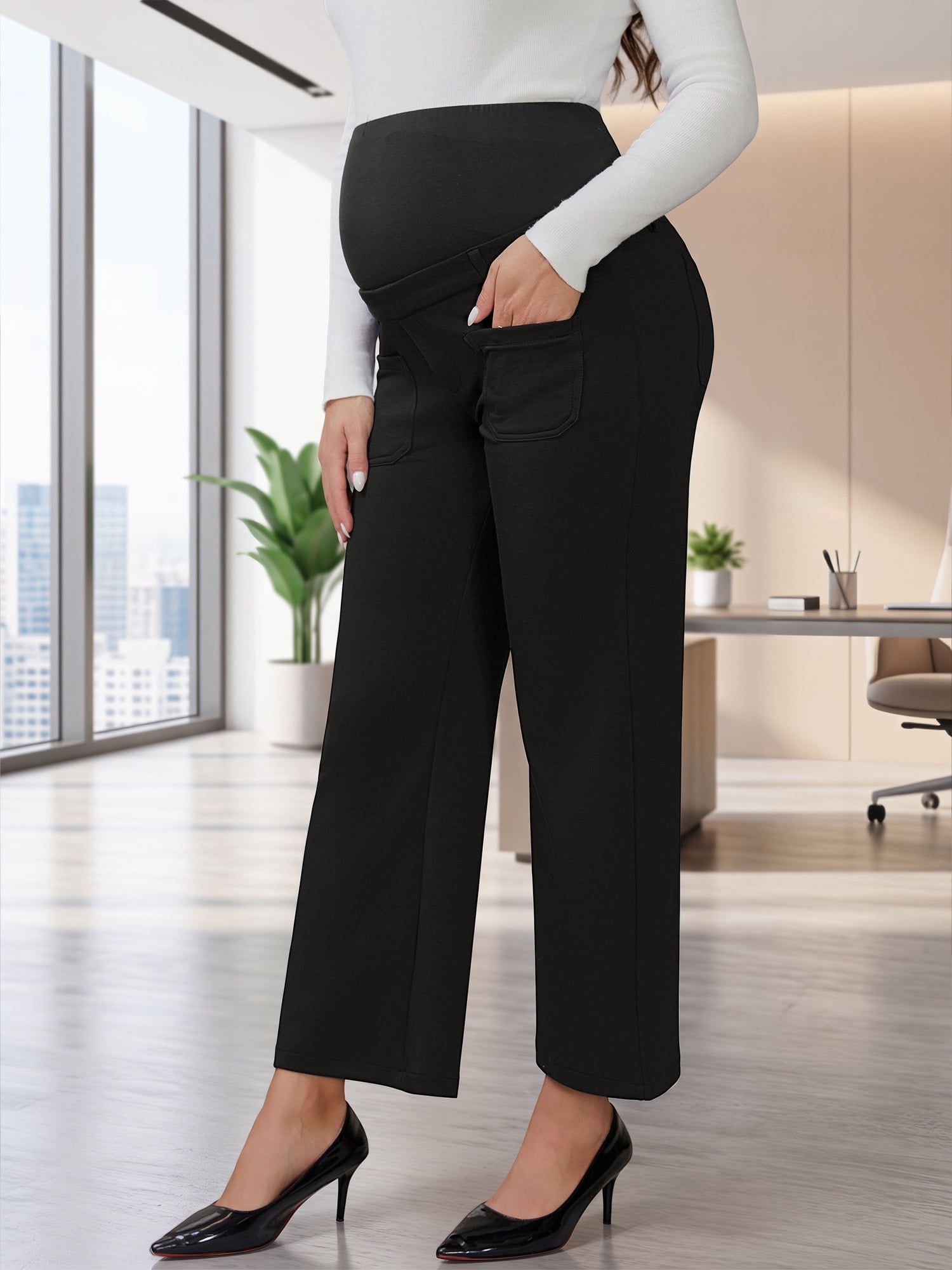 DARING DIVA Women's Maternity Pants Straight Leg Over the Belly Office Trousers XL Black