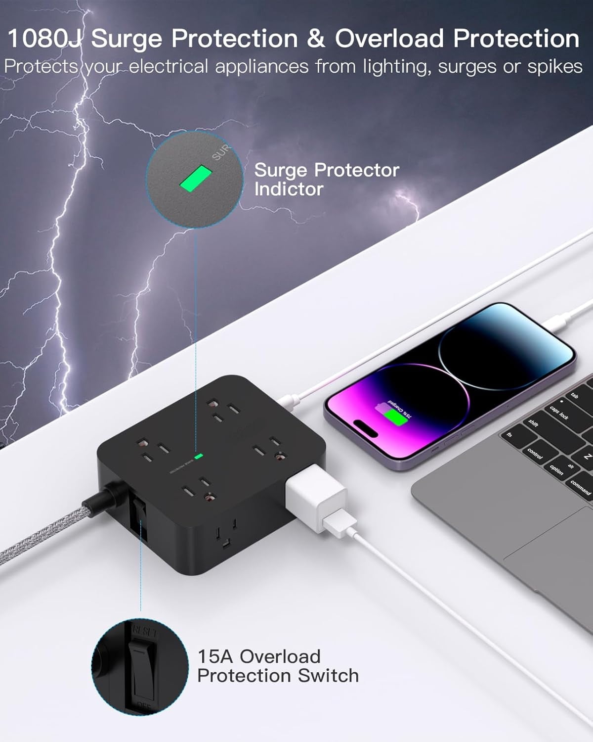 AllWays Plaza Long Extension Cord 15 ft, Surge Protector Power Strip 15 Feet with 4 Outlets 4 USB Ports (2 USB C), 3 Prong Desk Charging Station, Wall Mount for Indoor Essentials