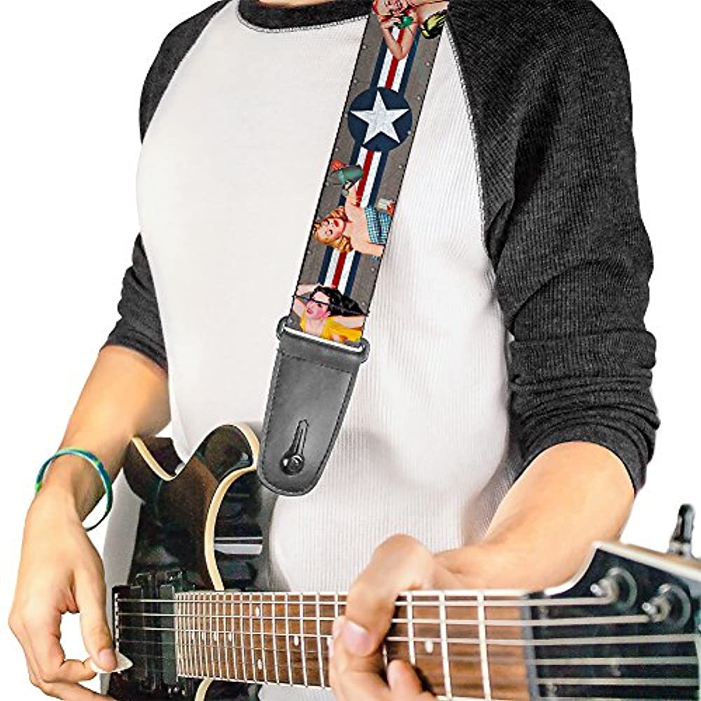 Buckle-Down Guitar Strap, Pin Up Girl Poses Close Up Star Stripes Gray Blue White Red, 2 Inches Wide