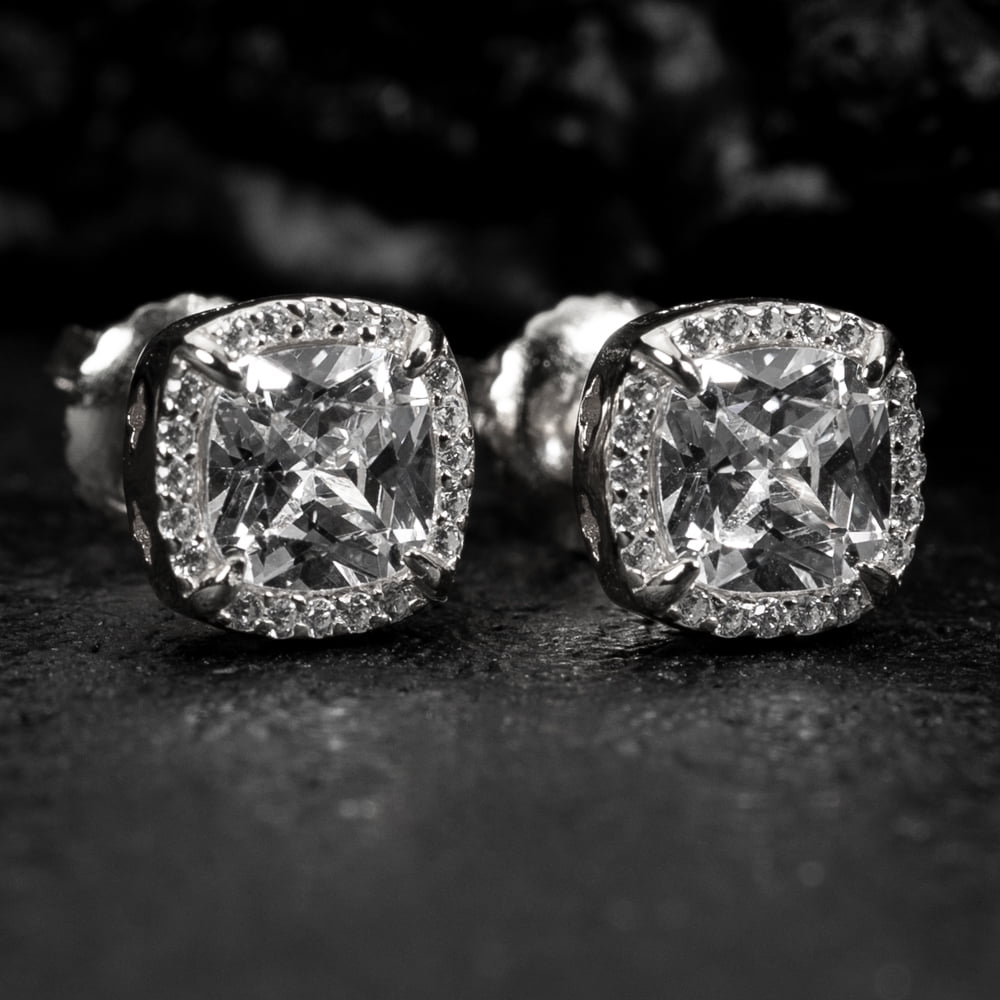 Small White Gold Plated 925 Sterling Silver Women’s Men’s Iced Cushion Cut CZ Halo Flower Cluster Circle Hip Hop Trendy Tiny Unisex Cubic Zirconia Stud Screw Back Earrings