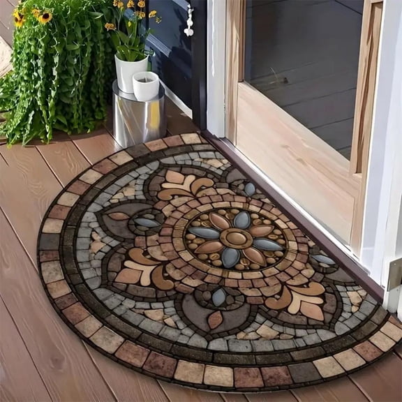 Half Round Door Mat for Front Door, Non-Slip Low Profile Entryway Rug with Vintage Mosaic Pattern, Decorative Indoor Outdoor Welcome Mat for Patio Porch Entrance (36" x 24")