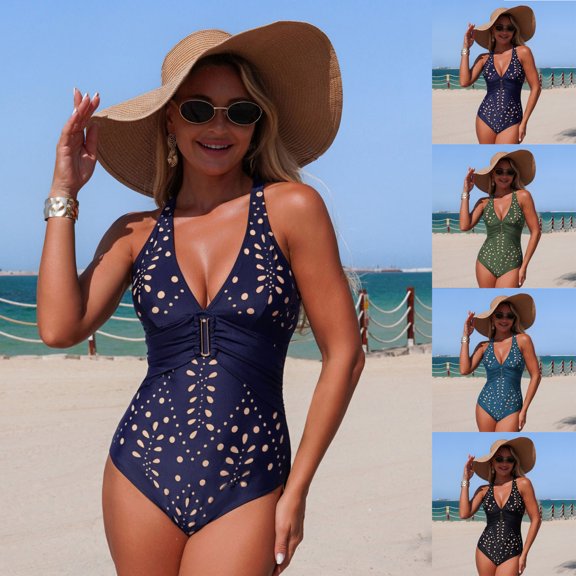 QIUOMBBP Women's One Piece Bathing Suit Crisscross Back Tummy Control Swimsuits with Removable Padded Slimming Swimwear for Beach Navy S