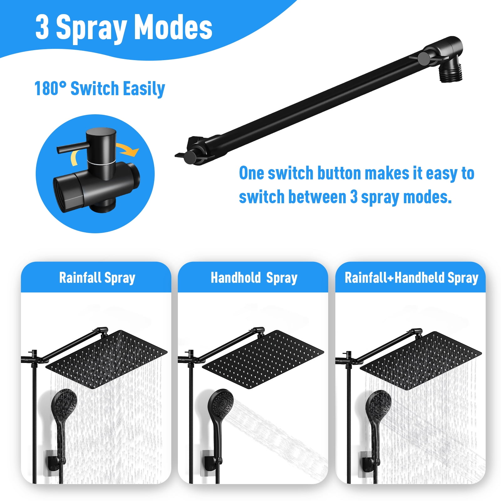 "Amobro Extendable Detachable Shower Head, 12"" Dual, 180/360 Degree Brass, High Pressure Rainfall & 4.3"" Handheld, Chrome"