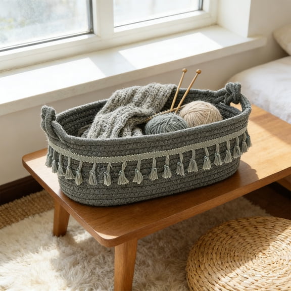 Kchsji Boho Woven Rope Storage Basket Makeup Perfume Organizer Macrame Decorative Basket Desk Countertop Storage Bathroom Decors Cosmetic Holder for Bedroom Vanity Bathroom Counter
