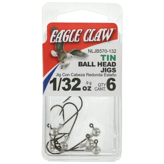 Eagle Claw Tin Ball Head Jig - 6 pack - 1/32 oz - Unpainted