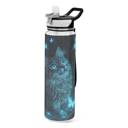 

32oz Transparent Sports Water Bottle with Straw BPA Free Tritan for Kids Adults Outdoor School Gym Fitness A Gray Cat