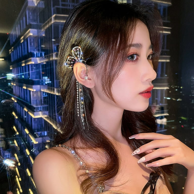 Crystal Butterfly Tassel Ear Cuff Earrings for Women/Girls in Gold and  Silver