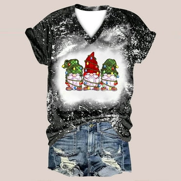 Qertyioot T-Shirt Mode Femme Imprimé Noël, Manches Courtes Décontractées Vintage Légèrement Extensible