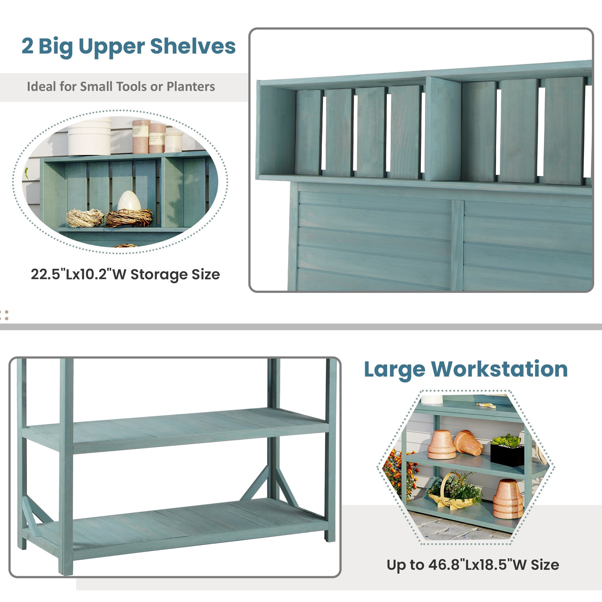 Sailvan 65" Farmhouse Wooden Outdoor Potting Bench Table,Large Patio Kitchen Island Garden Workstation with 4 Shelves and Hooks,Fir Wood Green