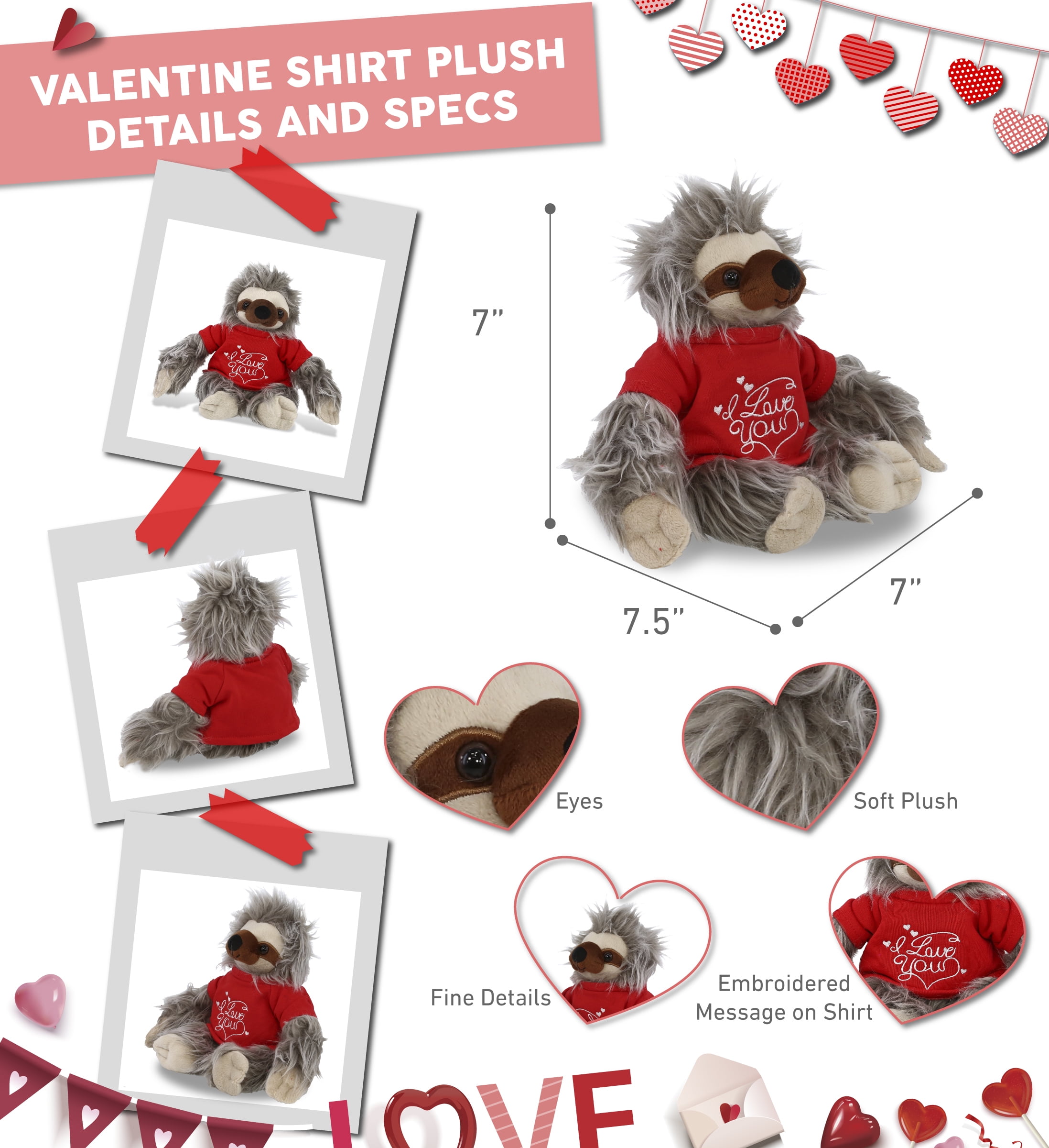DolliBu I LOVE YOU Super Soft Grey Sloth Plush- Cute Sloth Plush Stuffed Animal with I Love You Red Shirt For Valentine, Anniversary, Romantic Date, Boyfriend, or Girlfriend Gift - 7 Inches