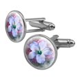 thumbnail image 1 of Tropical Blue Hibiscus Hawaiian Bloom Round Cufflink Set Silver Color, 1 of 6