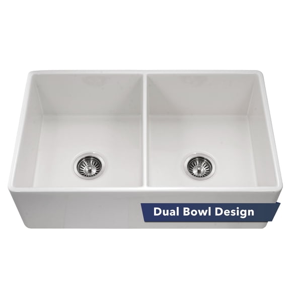 Houzer Platus 33 inch White Fireclay Apron Front Farmhouse 50/50 Double Bowl Kitchen Sink PTD-4400 WH