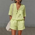 thumbnail image 2 of Linen Sets for Women 2 Piece Short Sleeve Tops and Wide Leg Shorts Summer Casual Fashion Beach Outfits Green L, 2 of 7