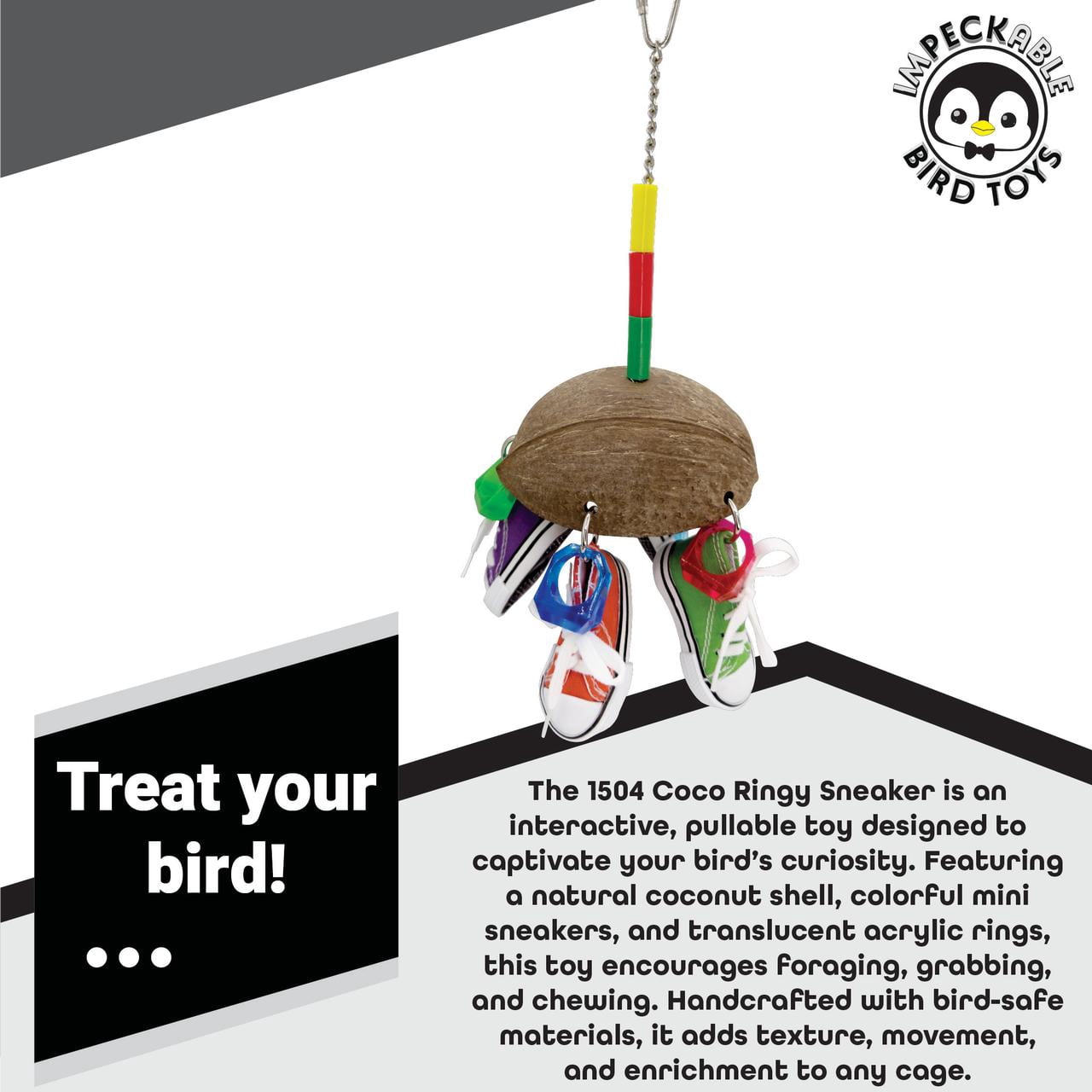 1504 Coconut Ringy Sneaker Bird Toy with Coconut Shell Mini Sneakers Acrylic Rings – Handcrafted by Impeckable Bird Toys – For Medium Birds Chewing Tugging Enrichment Fun