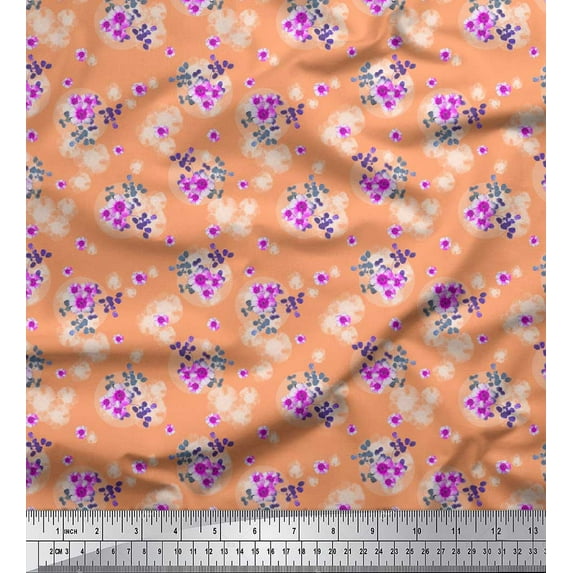 Soimoi Orange Rayon Fabric Leaves & Periwinkle Floral Printed Fabric 1 Yard 56 Inch Wide