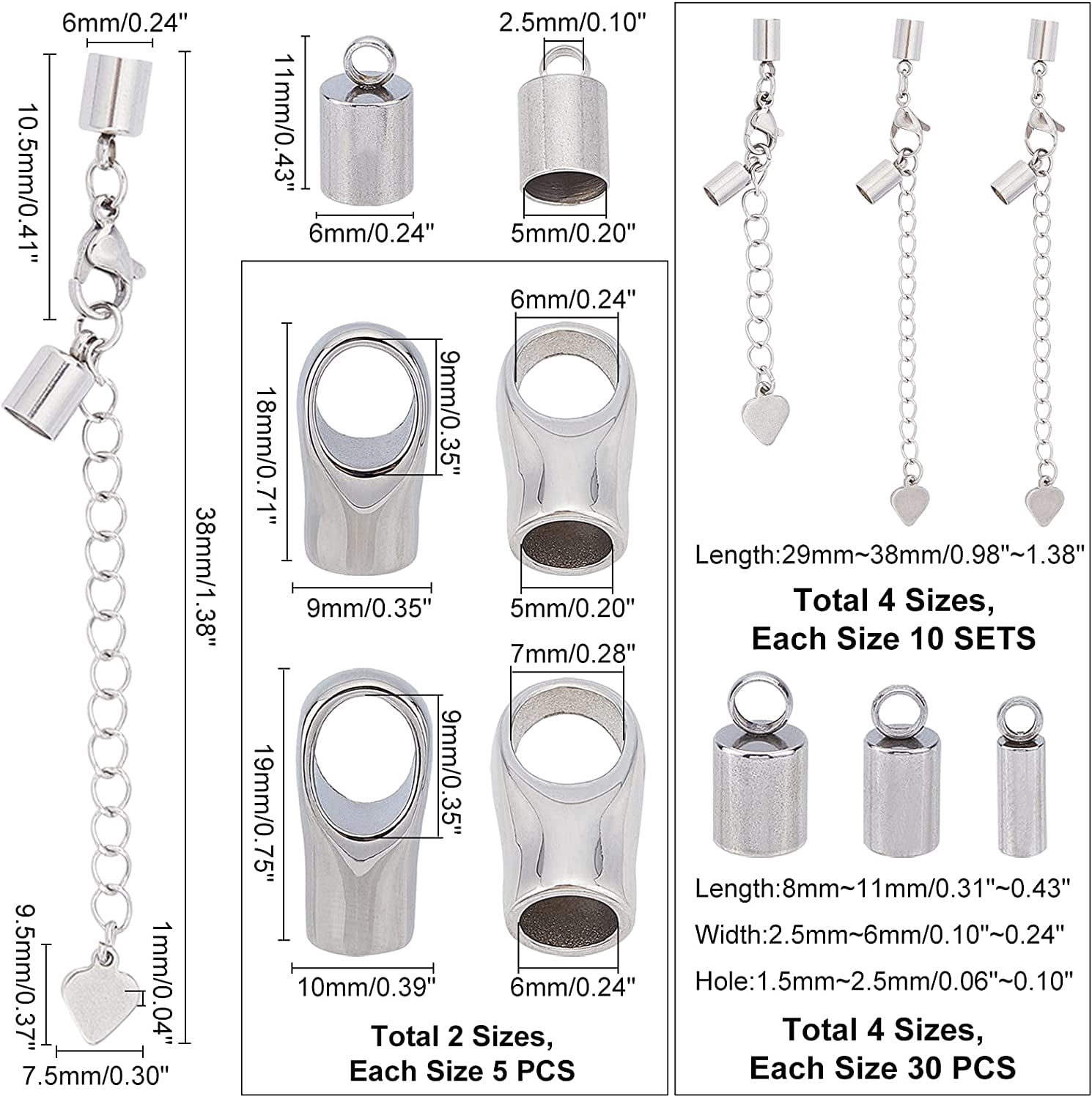 40 Sets 1.14-1.49inches Stainless Steel Cord Ends Hypoallergenic Extender Chain with Lobster Claw Clasps and 130pcs Mixed Sizes Cord Ends Surgical Steel Extension Tails