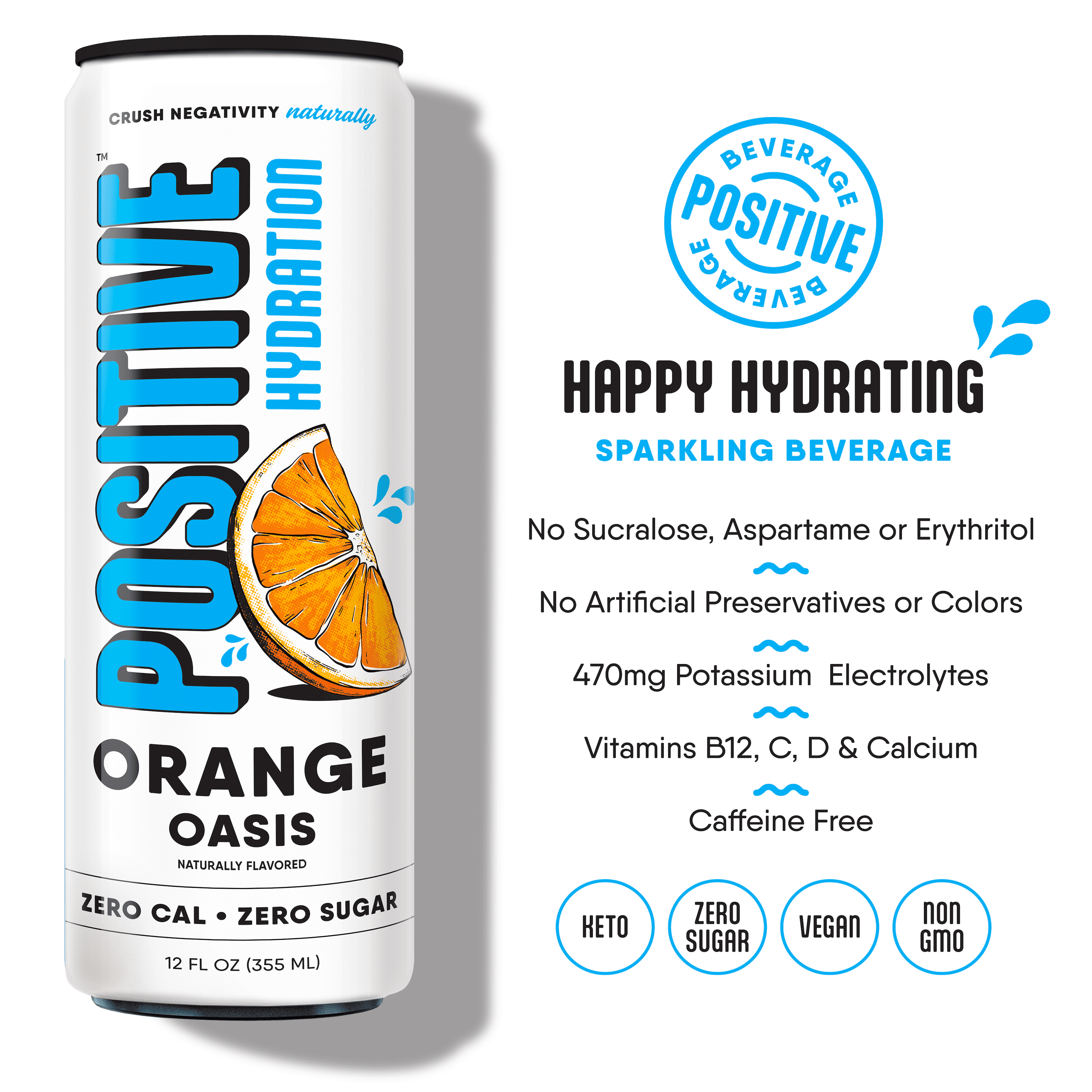 Positive Hydration Orange Oasis | 12-oz Cans (12-Pack) | Zero-Calorie Electrolyte Drink with Essential Vitamins, Calcium, and Hydration Support