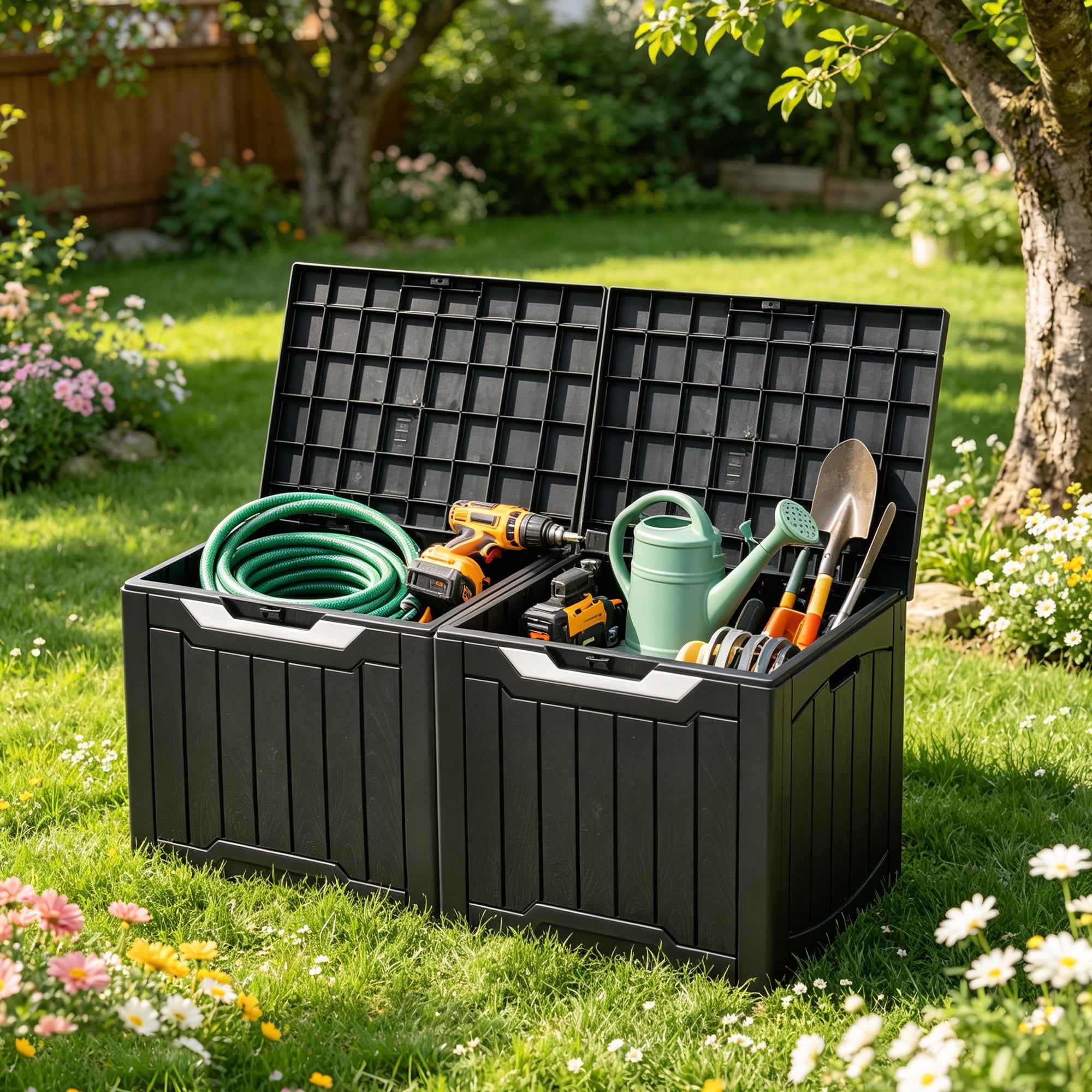 Uforic 2 Pack 31 Gallon Weatherproof Deck Boxes, Lockable Resin Outdoor Storage Bins for Patio Cushions Garden Tools, Black