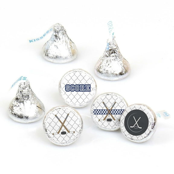 Big Dot of Happiness Shoots and Scores - Hockey - Baby Shower or Birthday Round Candy Sticker Favors - Labels Fits Chocolate Candy (1 Sheet of 108)