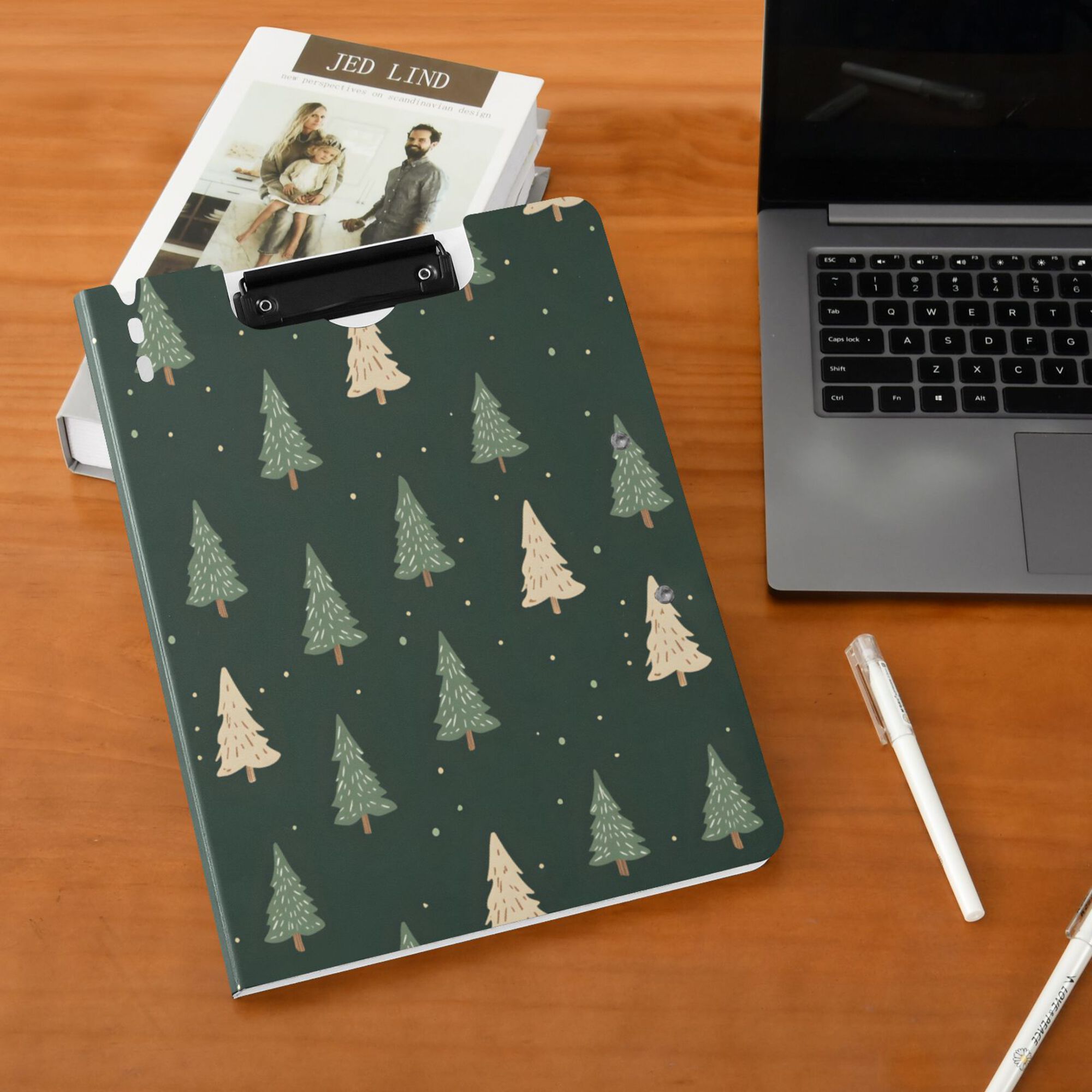 FORMRS A4 Clipboard Folder with Pen Holder Horizontal Foldable School Office Binder, Beige Christmas Trees