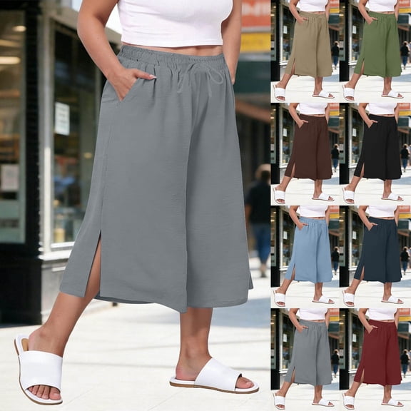 CFLVAEK Plus Size Capri Pants for Women with Side Slit Loose Fitted Wide Leg Summer Capris Casual Elastic Waisted Drawstring Cropped Pants Navy XXXXL