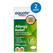 (2 pack) (2 Pack) Equate Allergy Relief Cetirizine Antihistamine Tablets, 10 mg, 90 Count