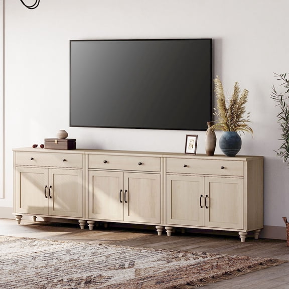 Beige Farmhouse TV Stand for 85 inch TV with Drawers & Doors