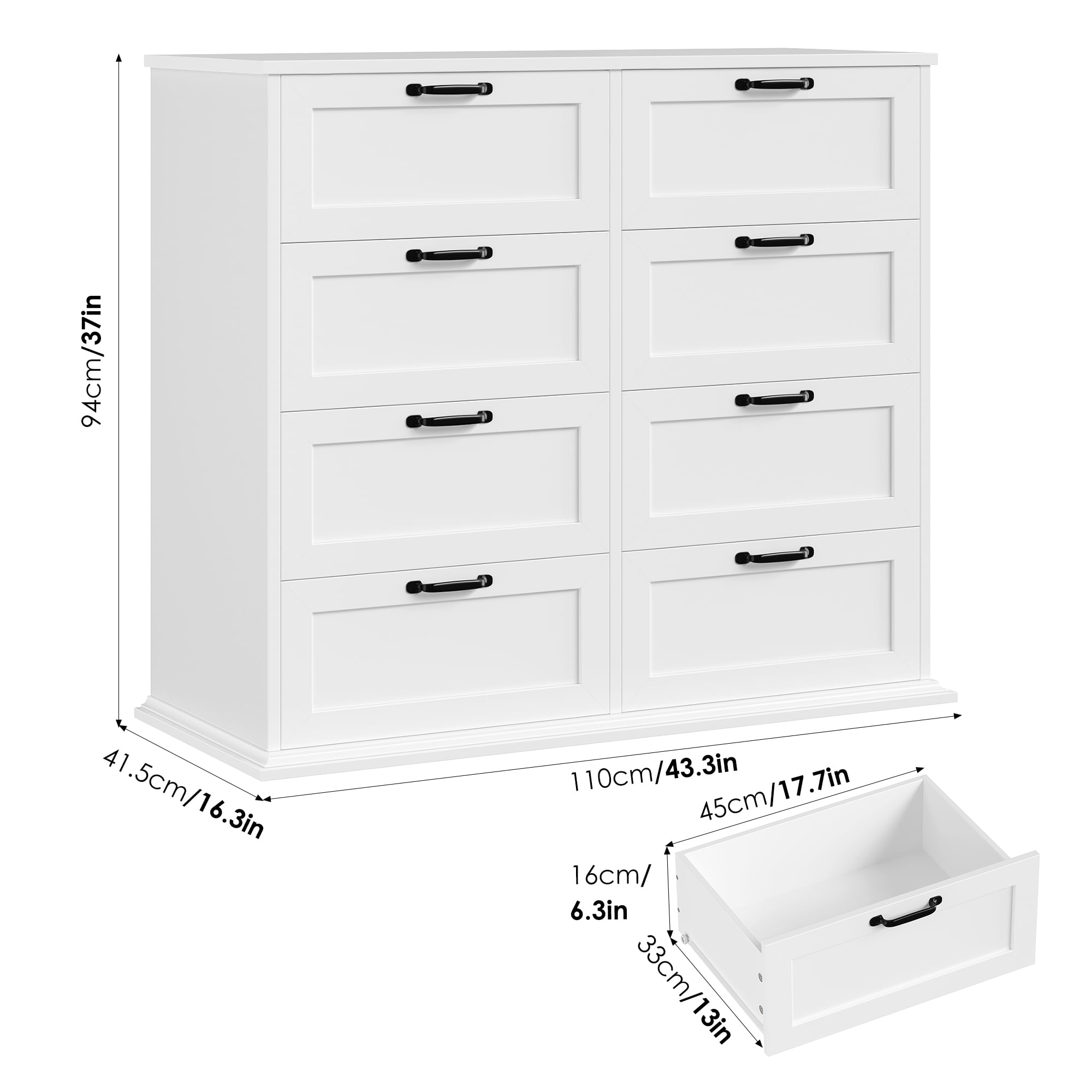 Homfa Horizontal 8 Drawer Dresser, White Wood Storage Cabinet, Double Dresser for Bedroom Living Room