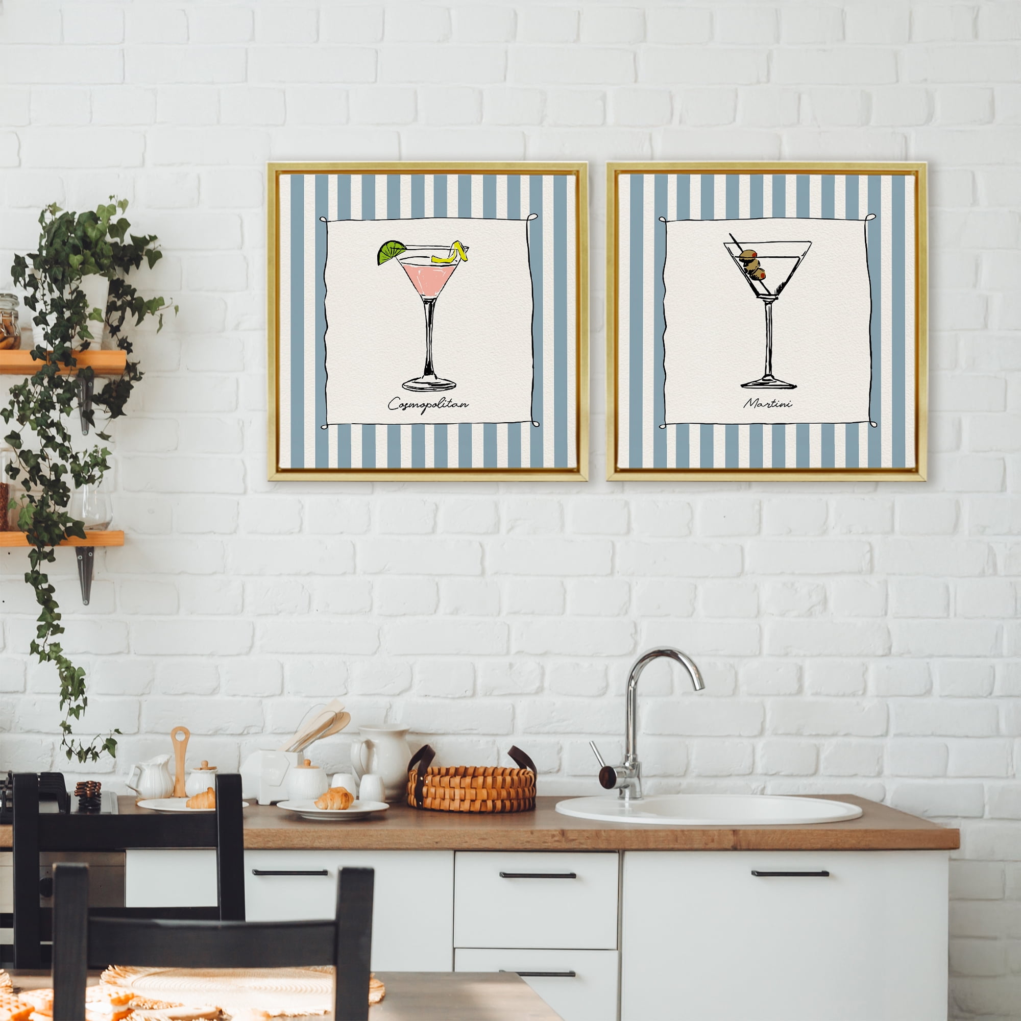 Stupell Industries Summer Drinks on Stripes 2 Piece Gold Framed Floater Canvas Set, design by Susan Jill