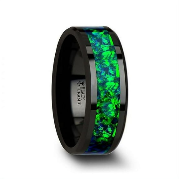 PULSAR Black Ceramic Wedding Band with Beveled Edges and Emerald Green & Sapphire Blue Color Opal Inlay - 6mm or 8mm