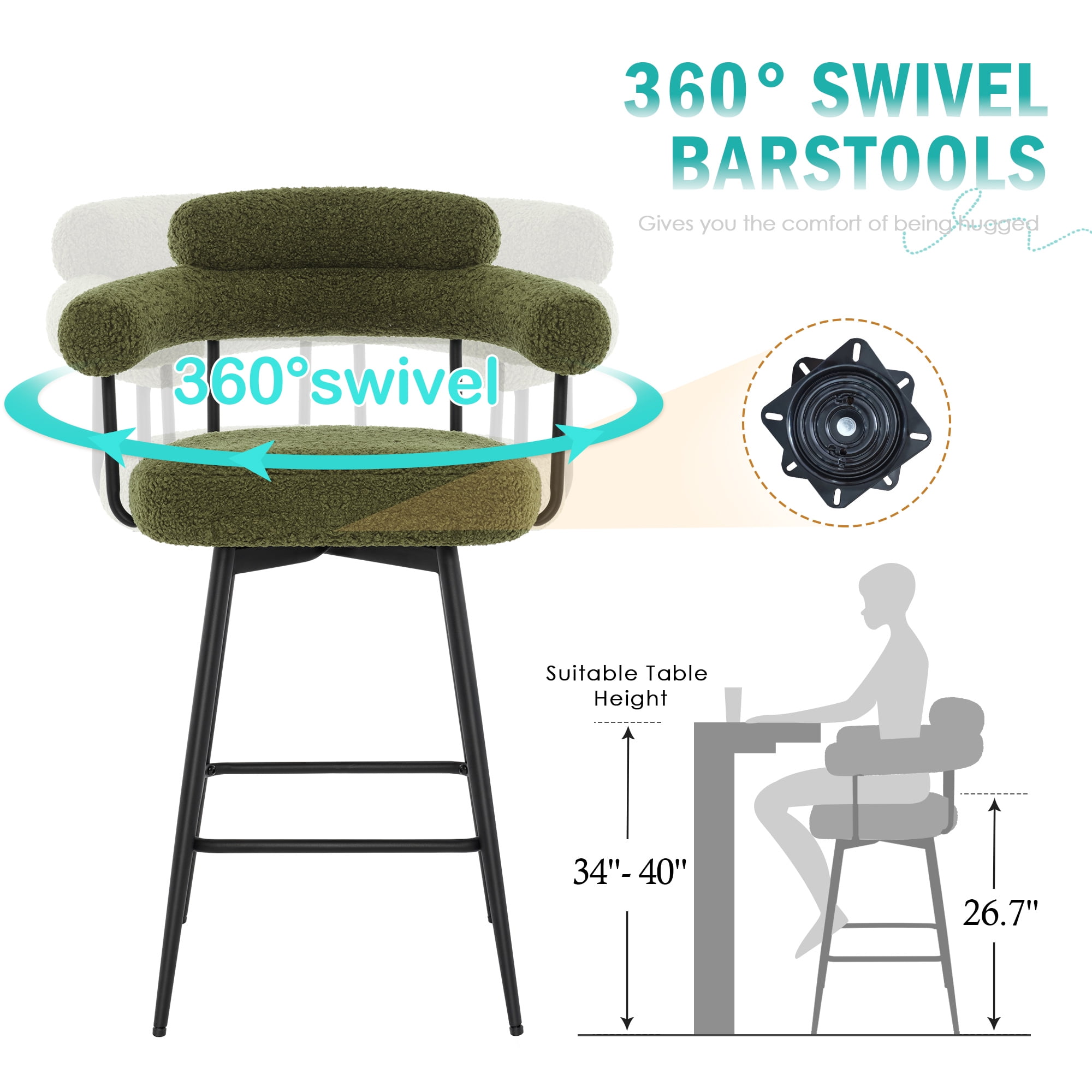 Zesthouse 26.7" Swivel Counter Stools Set of 2, Upholstered Sherpa Bar Stools with Back and Metal Legs, Modern Counter Height Chairs for Kitchen Island, Green