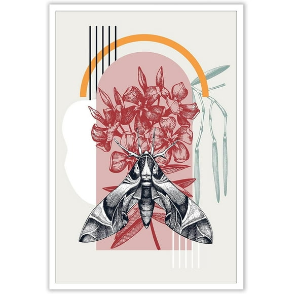 TRAHOO-Vintage insect illustration posters Black and white oleander hawk moth canvas wall art Bauhaus Insects on plants Aesthetic Prints Painting For Home Bedroom Dorm wall Decor 8x10in Unframed