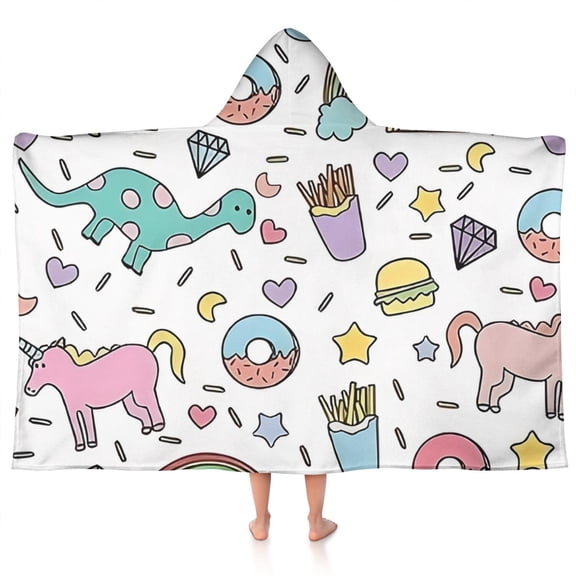 Colorful Fantasy Food Elements Pattern Hooded Bath Towel,50"x30" for Ages 3 To 12 Kids, Quick Dry Lightweight Soft Microfiber Hood Beach Towel Cover Up for Kids